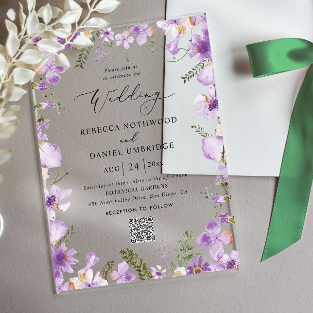 Invitaciones Acrílicas Elegante Moda Código QR Boda púrpura (Subido por el creador)
