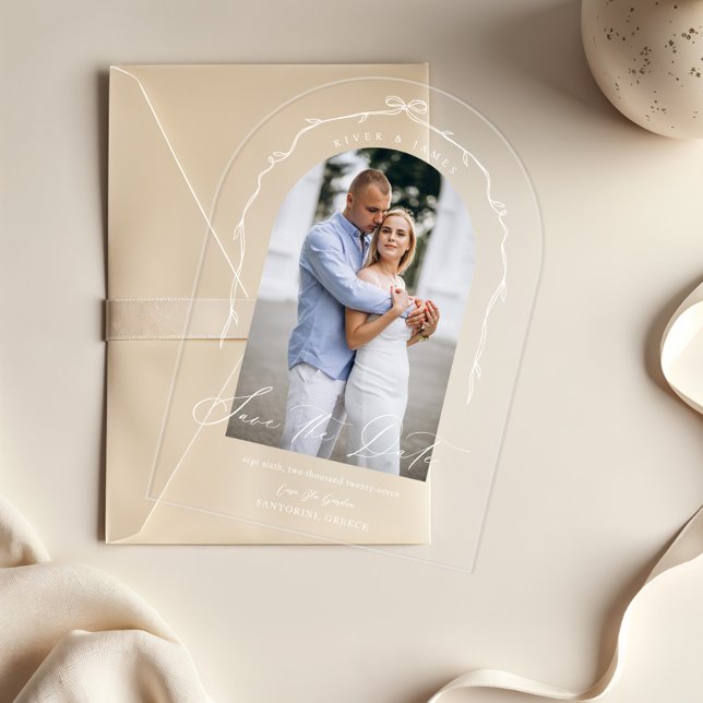 Invitaciones Acrílicas Elegante Moda con mano dibujada en arco de compás  (Elegant Chic Hand Drawn Bow & Ribbon Arch Photo Acrylic Invitations)