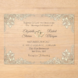 Invitaciones Acrílicas Elegante Moda Corazones de Oro Boda de encaje