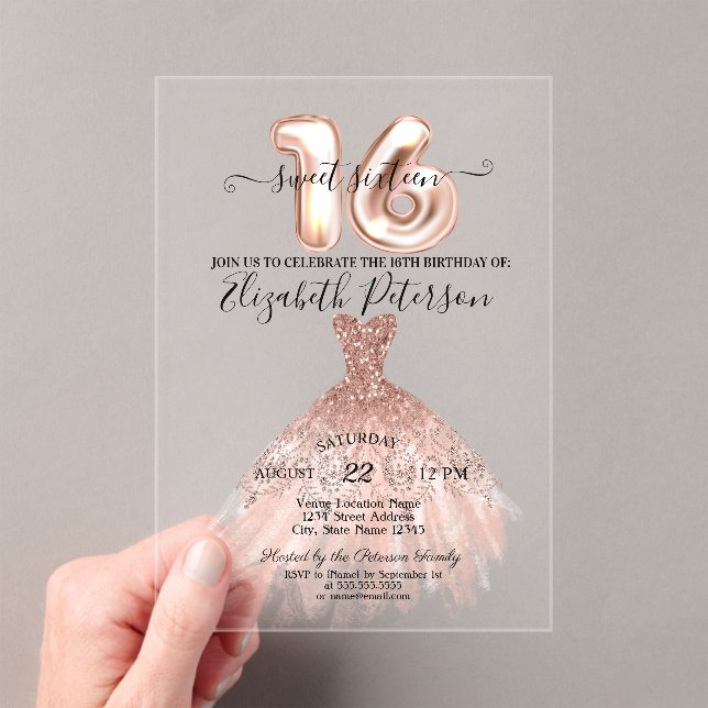 Invitaciones Acrílicas Elegante Moda Rosa de oro Vestido Confetti dulce 1 (Insitu (portátil))