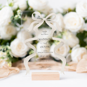 Invitaciones Acrílicas Elegante Moderna Cinta de Lazo Marfil Beige Boda