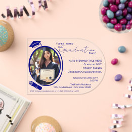 Invitaciones Acrílicas Elegante, moderno Graduación de Foto Grad, Azul ma