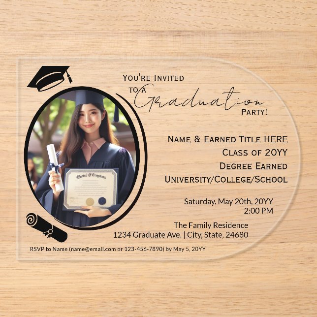 Invitaciones Acrílicas Elegante, moderno graduado de fotografía, Fiesta n (Anverso)