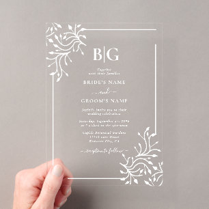 Invitaciones Acrílicas Elegante Monograma Botánico Claro de Boda