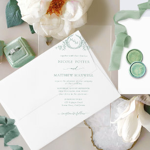 Invitaciones Acrílicas Elegante Monograma Corona Real Verde Pálido