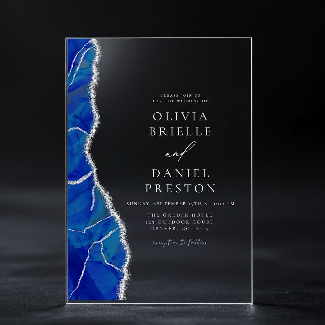 Invitaciones Acrílicas Elegante Monograma de Boda de Ágata Plateada Azul  (Subido por el creador)