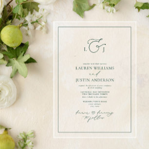 Invitaciones Acrílicas Elegante Monograma de Caligrafía Verde Esmeralda p