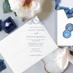 Invitaciones Acrílicas Elegante Monograma de Corona Real de Lazo de Azul 