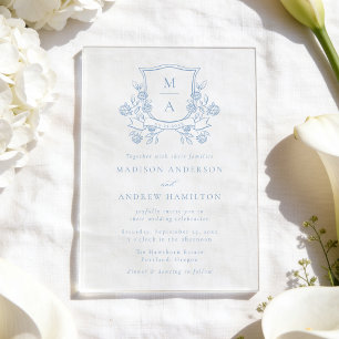 Invitaciones Acrílicas Elegante Monograma de Floral Azul Francés para Bod