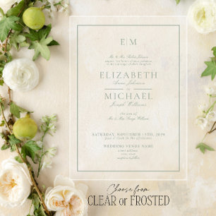 Invitaciones Acrílicas Elegante Monograma de Guion Clásico Verde Salvia B