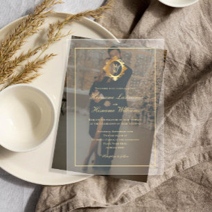 Invitaciones Acrílicas Elegante Monograma de Oro Boda Transparente Estilo