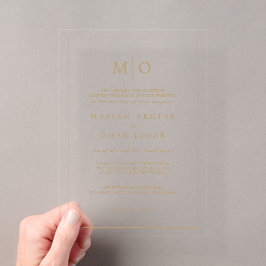 Invitaciones Acrílicas Elegante Monograma de Oro con Letra Script