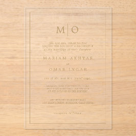 Invitaciones Acrílicas Elegante Monograma de Oro con Letra Script