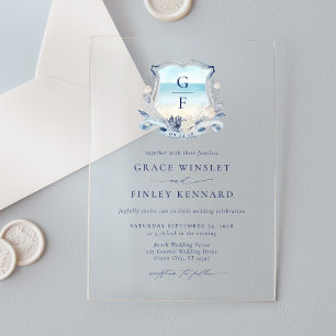 Invitaciones Acrílicas Elegante Monograma de Playa con Acuarela para Boda