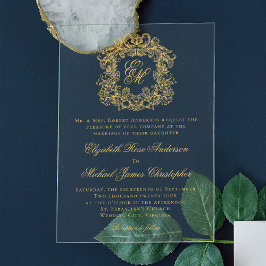 Invitaciones Acrílicas Elegante Monograma Escudo Script Boda Faux Gold