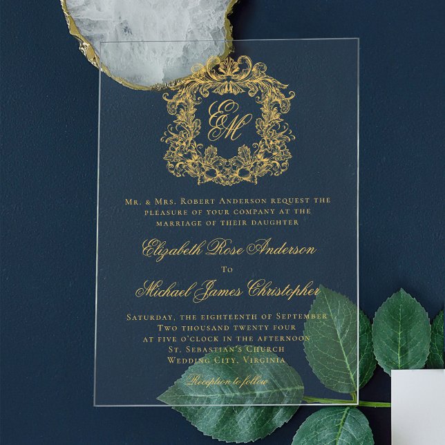 Invitaciones Acrílicas Elegante Monograma Escudo Script Boda Faux Gold (Subido por el creador)