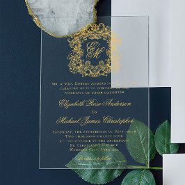 Invitaciones Acrílicas Elegante Monograma Escudo Script Boda Faux Gold