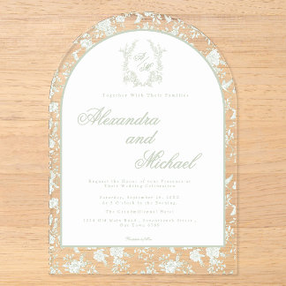 Invitaciones Acrílicas Elegante Monograma Floral de Toile Verde Salvia