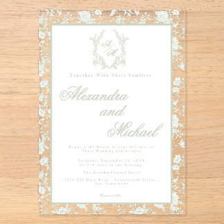 Invitaciones Acrílicas Elegante Monograma Floral de Toile Verde Salvia