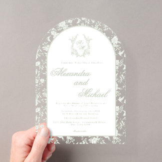 Invitaciones Acrílicas Elegante Monograma Floral de Toile Verde Salvia
