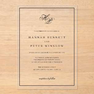 Invitaciones Acrílicas Elegante Monograma Iniciales Boda de marco negro