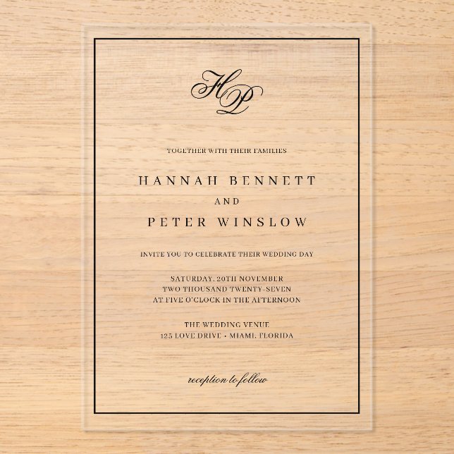 Invitaciones Acrílicas Elegante Monograma Iniciales Boda de marco negro (Anverso)