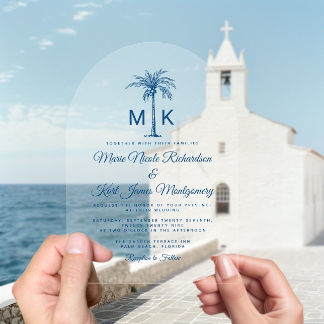Invitaciones Acrílicas Elegante Monograma Palm Tree Formal Boda de Playa (Elegant Monogram Palm Tree Formal Beach Wedding Acrylic Invitation)