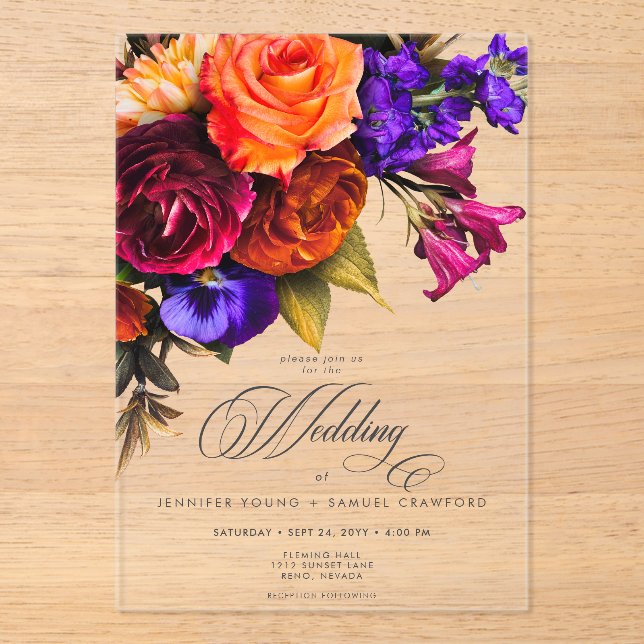 Invitaciones Acrílicas Elegante Moody Vibrant Harvest Floral Boda (Anverso)