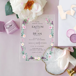 Invitaciones Acrílicas Elegante morado, malva, Boda floral pastel