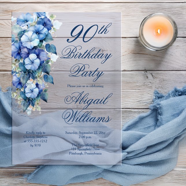 Invitaciones Acrílicas Elegante Morning Glories Blue Floral 90 cumpleaños (Boho Elegant Morning Glories Blue Floral 90th Birthday Party Acrylic Invitation )