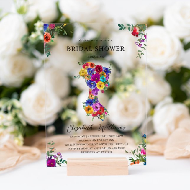 Invitaciones Acrílicas Elegante mujer floral audaz Silhoutte Bridal Showe (Subido por el creador)
