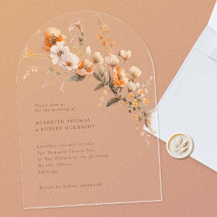Invitaciones Acrílicas Elegante Naranja de otoño y Boda de flores silvest