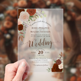 Invitaciones Acrílicas Elegante Naranja de óxido Rosas de acuarela Boho B