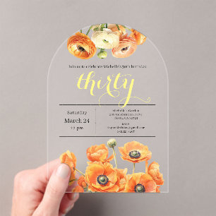 Invitaciones Acrílicas Elegante Naranja Jardín Flores Fiesta 30 cumpleaño