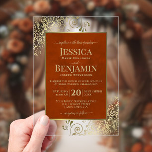 Invitaciones Acrílicas Elegante Naranja Óxido y Dorado Texto Estiloso Bod