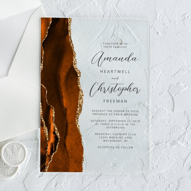 Invitaciones Acrílicas Elegante Naranja quemado de oro Agate Script Boda (Subido por el creador)