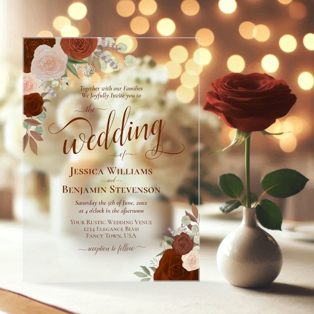 Invitaciones Acrílicas Elegante Naranja Quemado de óxido, Rosas del Boho, (Clear Acrylic with Rectangle Cut)