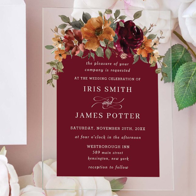 Invitaciones Acrílicas Elegante Naranja quemado en Borgoña Boda de flores (Subido por el creador)