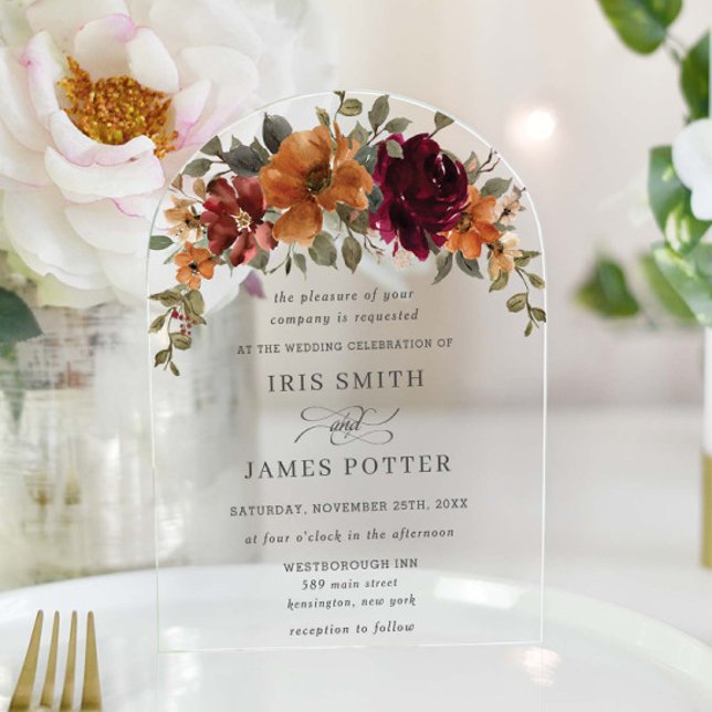 Invitaciones Acrílicas Elegante Naranja quemado en Borgoña Boda de flores (Subido por el creador)