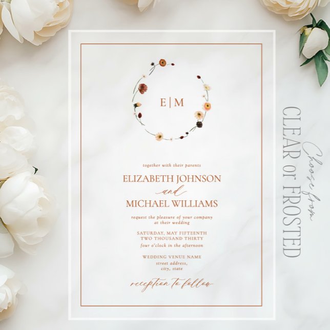Invitaciones Acrílicas Elegante Naranja quemado Escudo floral Monograma B (Subido por el creador)
