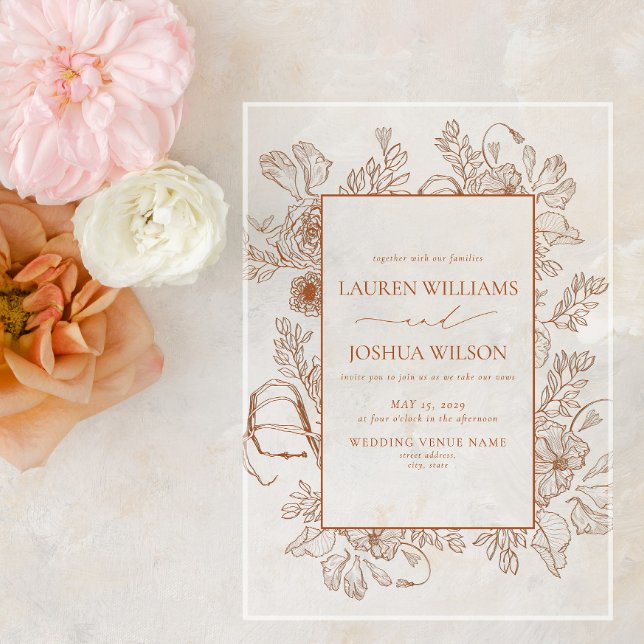 Invitaciones Acrílicas Elegante Naranja quemado  Floral Line Art Boda (Subido por el creador)