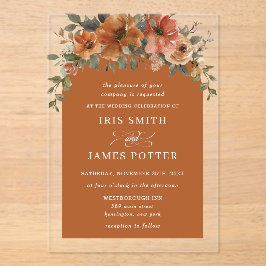 Invitaciones Acrílicas Elegante Naranja quemado Rust Copper Floral Boda