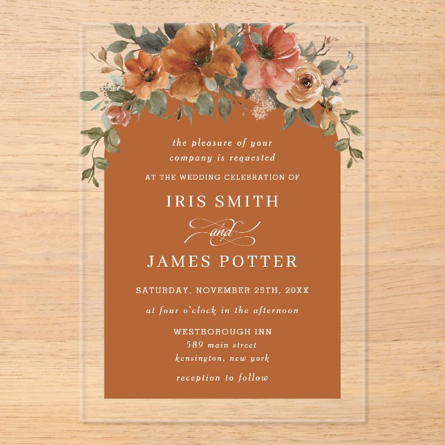 Invitaciones Acrílicas Elegante Naranja quemado Rust Copper Floral Boda (Anverso)