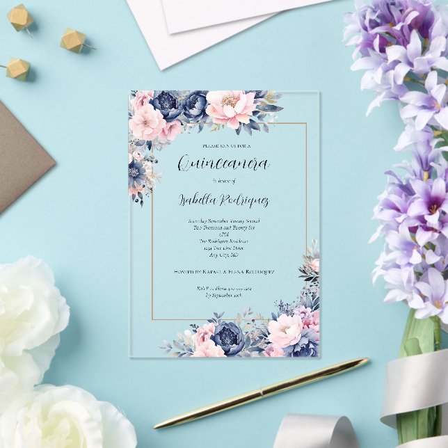Invitaciones Acrílicas Elegante Navy Floral rosa Quinceanera formal (Insitu (Boda))