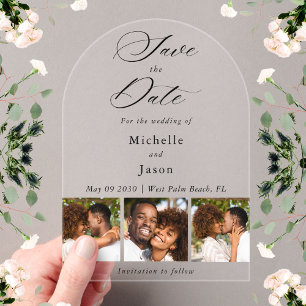 Invitaciones Acrílicas Elegante Negro 3 Tira de Fotos de Boda Guardar la