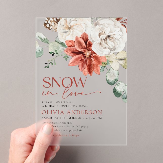 Invitaciones Acrílicas Elegante nieve en amor ducha de novia roja de invi (Insitu (portátil))