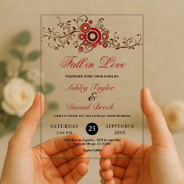 Invitaciones Acrílicas Elegante Ornate Burgundy Leaves Cae Boda Floral