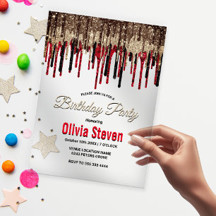 Invitaciones Acrílicas Elegante oro rojo negro gotea purpurina cumpleaños