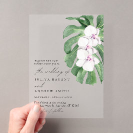 Invitaciones Acrílicas Elegante orquídea en hoja tropical escritura boda