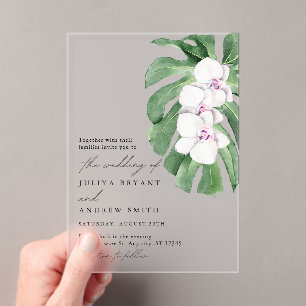 Invitaciones Acrílicas Elegante orquídea en hoja tropical escritura boda